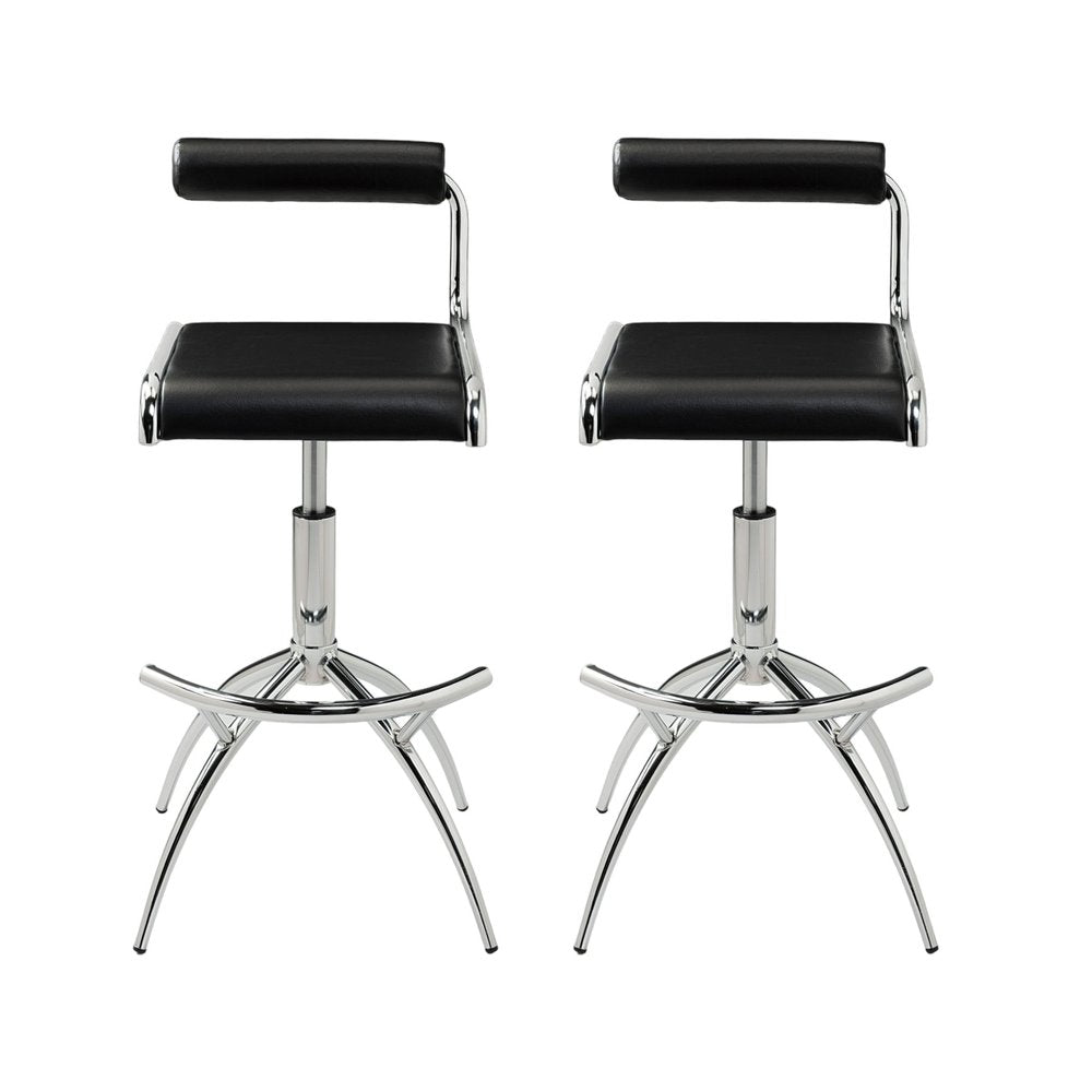 Set of Two Black And Silver Faux Leather And Metal Low Back Adjustable Height Bar Chairs on a white background