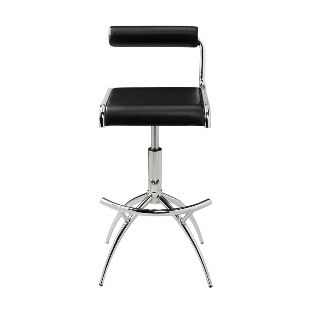 Set of Two Black And Silver Faux Leather And Metal Low Back Adjustable Height Bar Chairs on a white background