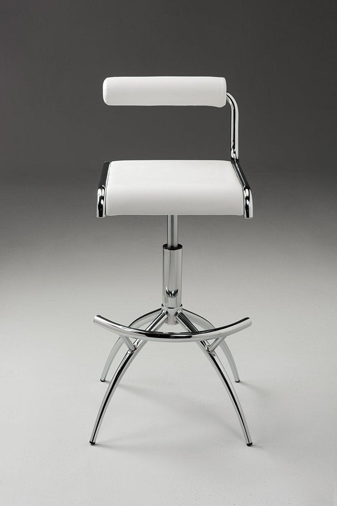 White and silver metal and faux leather adjustable height bar chair with a low back on a grey background.