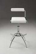 Set of Two White And Silver Faux Leather And Metal Low Back Adjustable Height Bar Chairs close-up detail