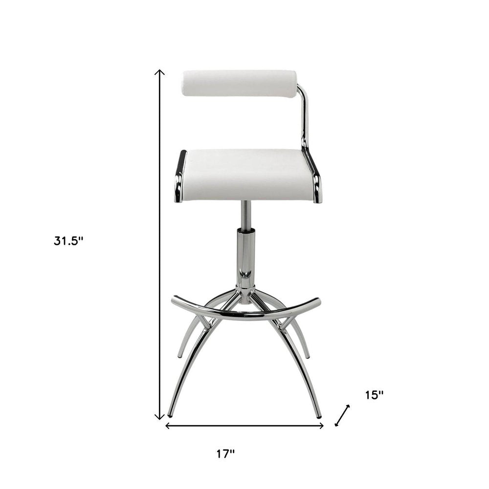 Set of Two White and Silver Metal and Faux Leather Low Back Adjustable Height Bar Chairs - 31.5" H x 15" W x 17" D