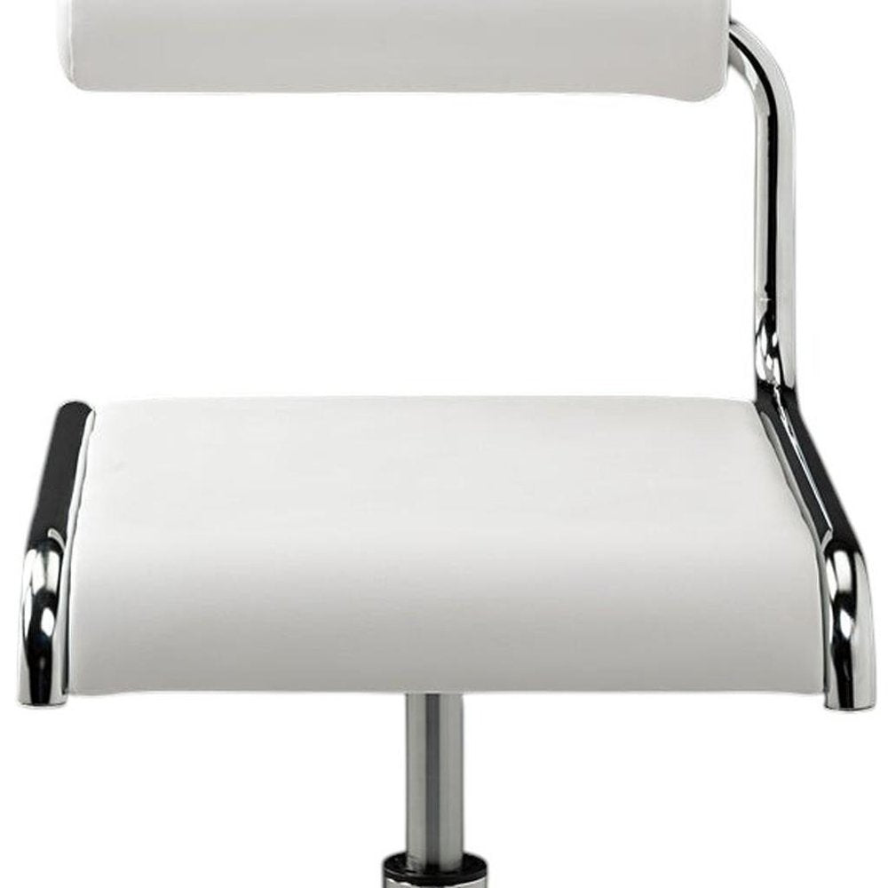 Set of Two White And Silver Faux Leather And Metal Low Back Adjustable Height Bar Chairs on a white background