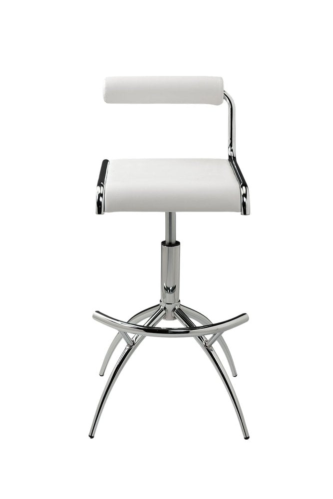 Set of Two White and Silver Metal and Faux Leather Low Back Adjustable Height Bar Chairs - 31.5" H x 15" W x 17" D