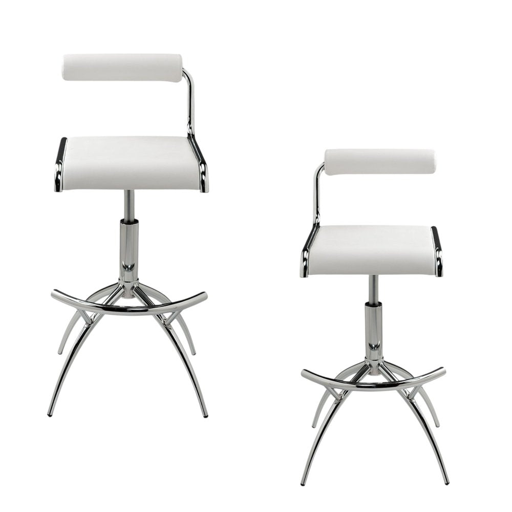 Set of Two White and Silver Metal and Faux Leather Low Back Adjustable Height Bar Chairs - 31.5" H x 15" W x 17" D