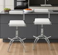 Set of Two White and Silver Metal and Faux Leather Low Back Adjustable Height Bar Chairs