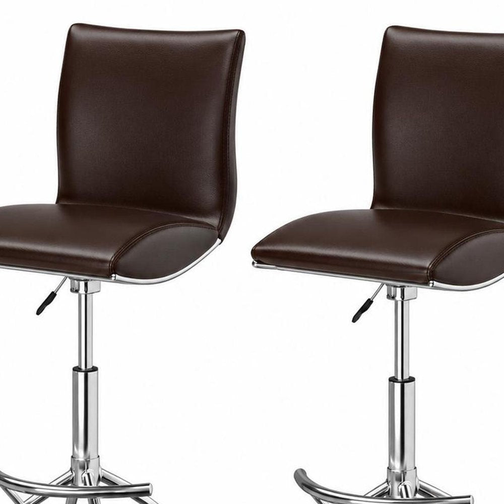 Set of Two Black and Silver Faux Leather and Metal Low Back Adjustable Height Bar Chairs
