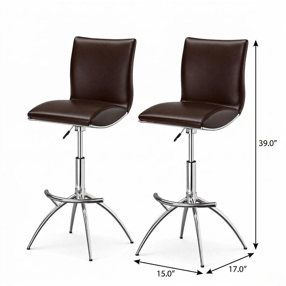 Set of Two Brown And Silver Faux Leather And Metal Low Back Adjustable Height Swivel Bar Chairs on a white background