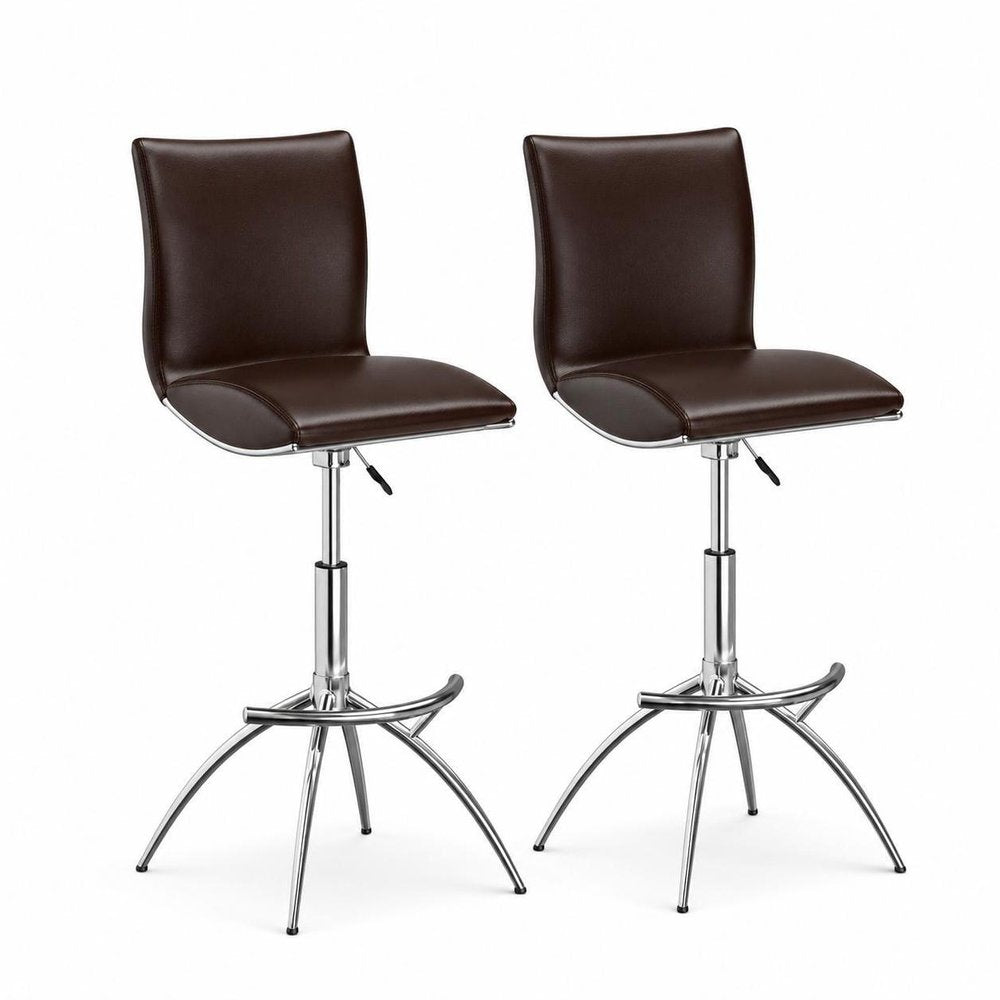 Set of Two Brown And Silver Faux Leather And Metal Low Back Adjustable Height Swivel Bar Chairs on a white background