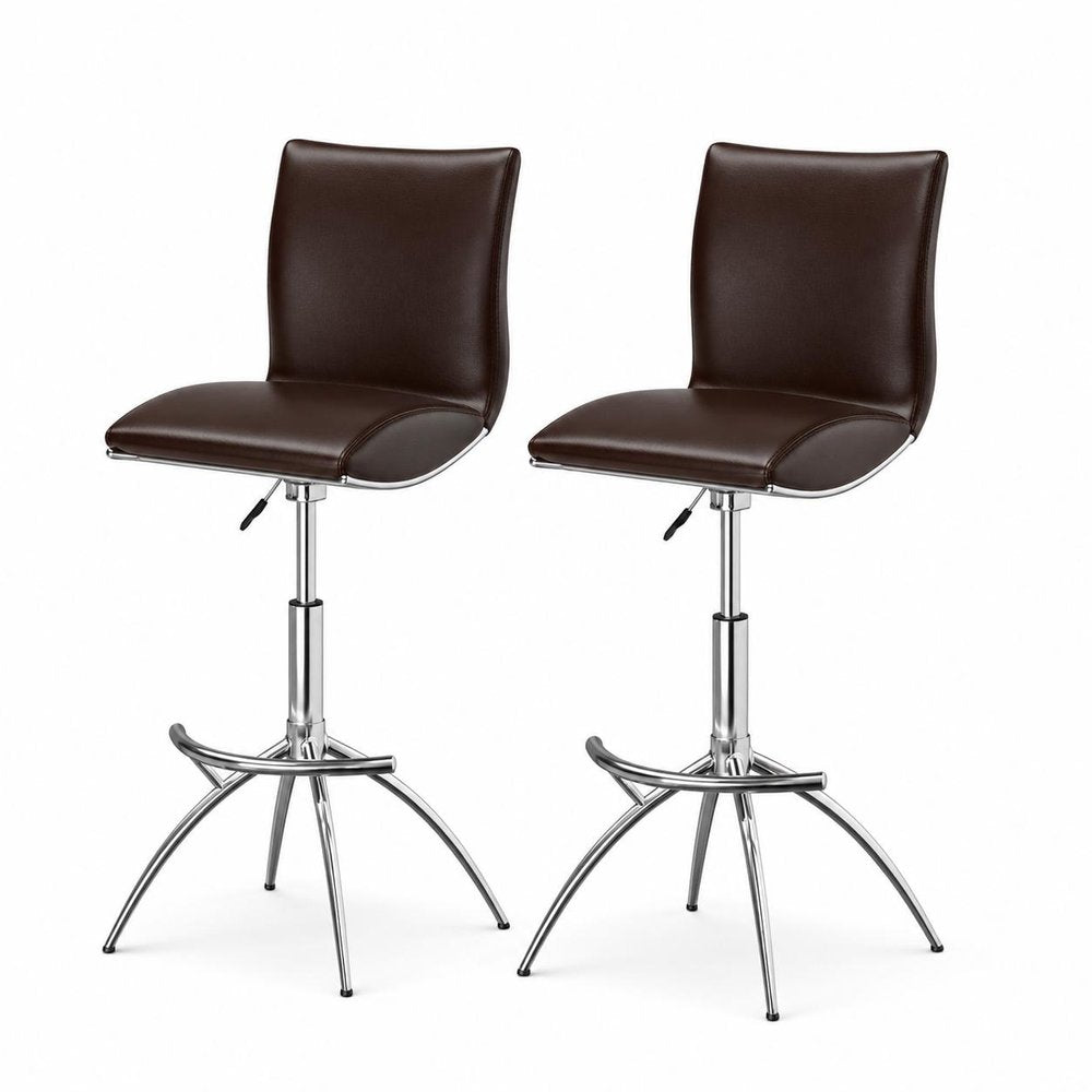 Set of Two Black and Silver Faux Leather and Metal Low Back Adjustable Height Bar Chairs