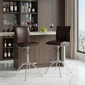Set of Two Brown and Silver Metal and Faux Leather Low Back Adjustable Height Bar Chairs