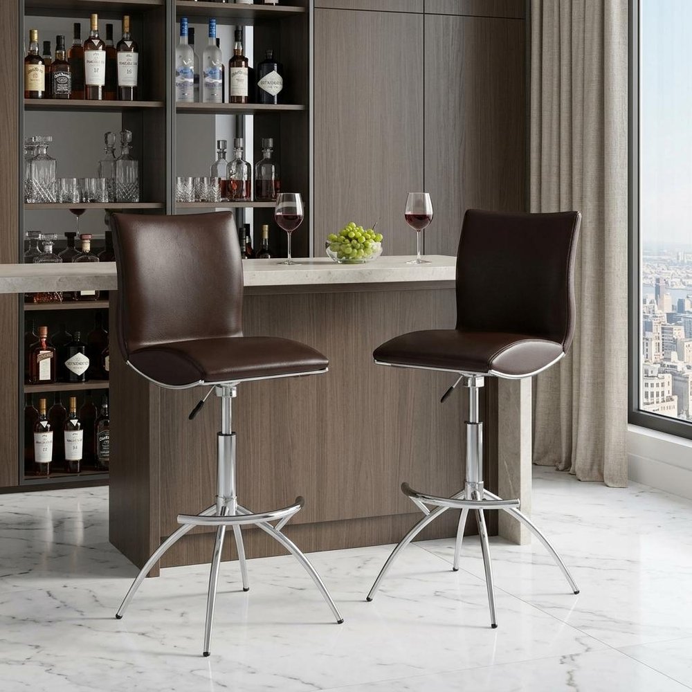 Set of Two Black and Silver Faux Leather and Metal Low Back Adjustable Height Bar Chairs
