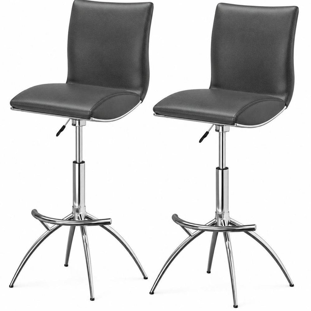 Set of Two Brown And Silver Faux Leather And Metal Low Back Adjustable Height Swivel Bar Chairs on a white background