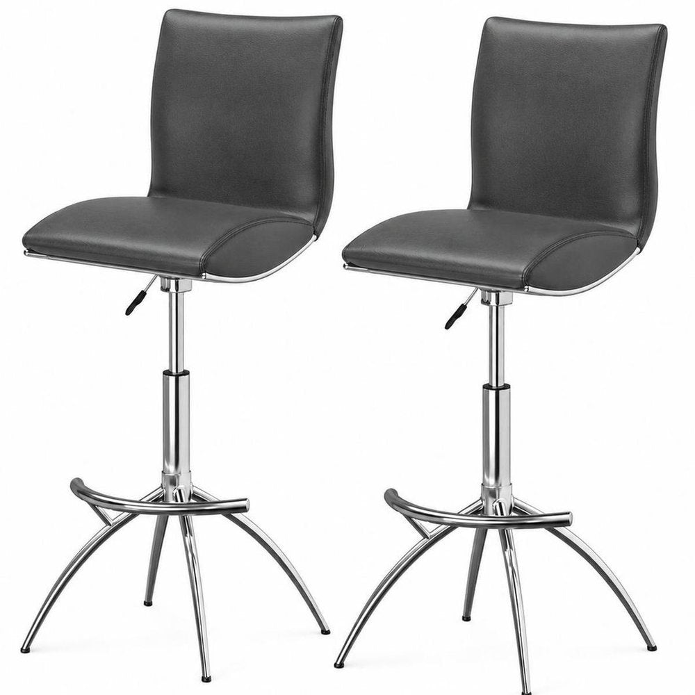 Set of Two Brown And Silver Faux Leather And Metal Low Back Adjustable Height Swivel Bar Chairs on a white background
