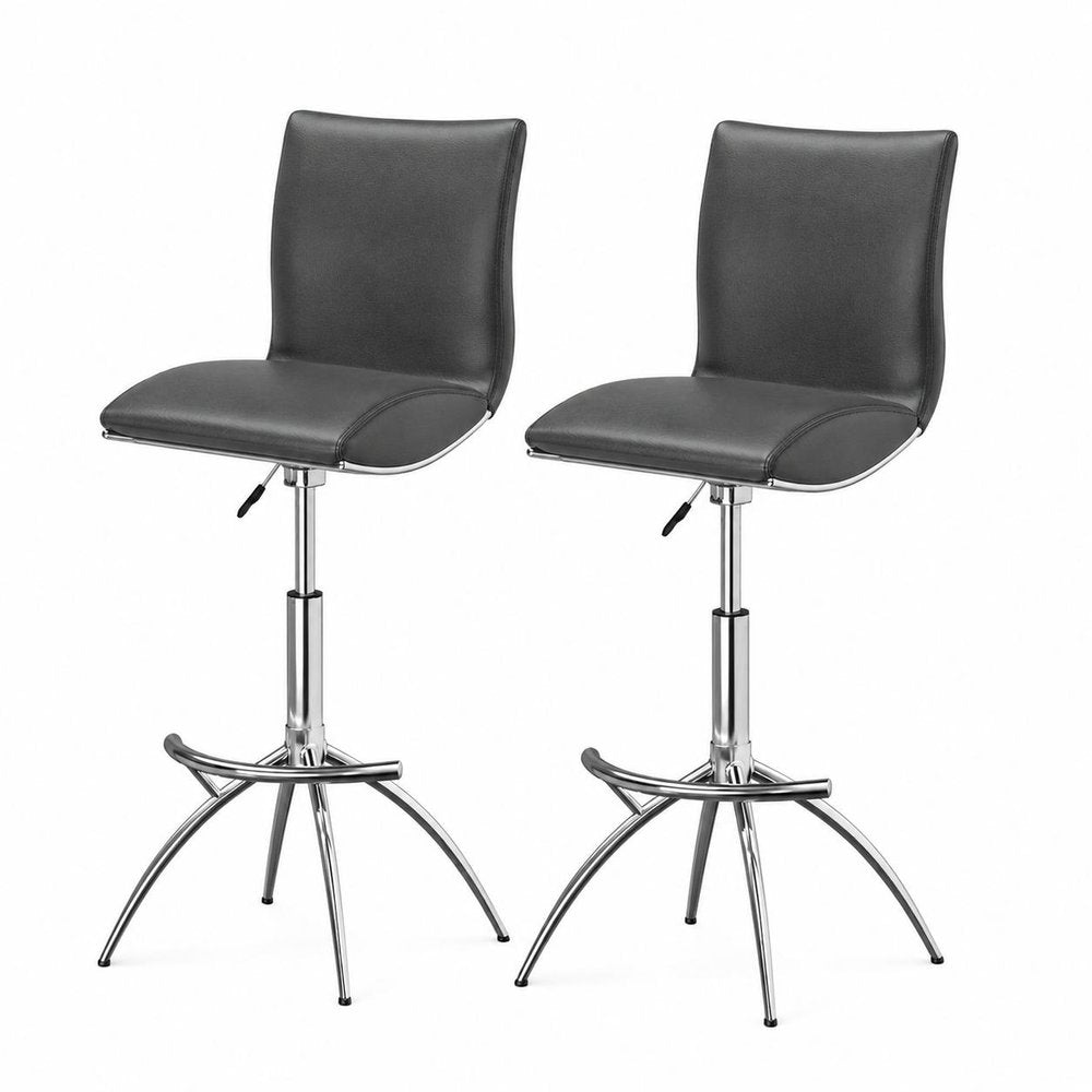 Set of Two Brown and Silver Metal and Faux Leather Low Back Adjustable Height Bar Chairs