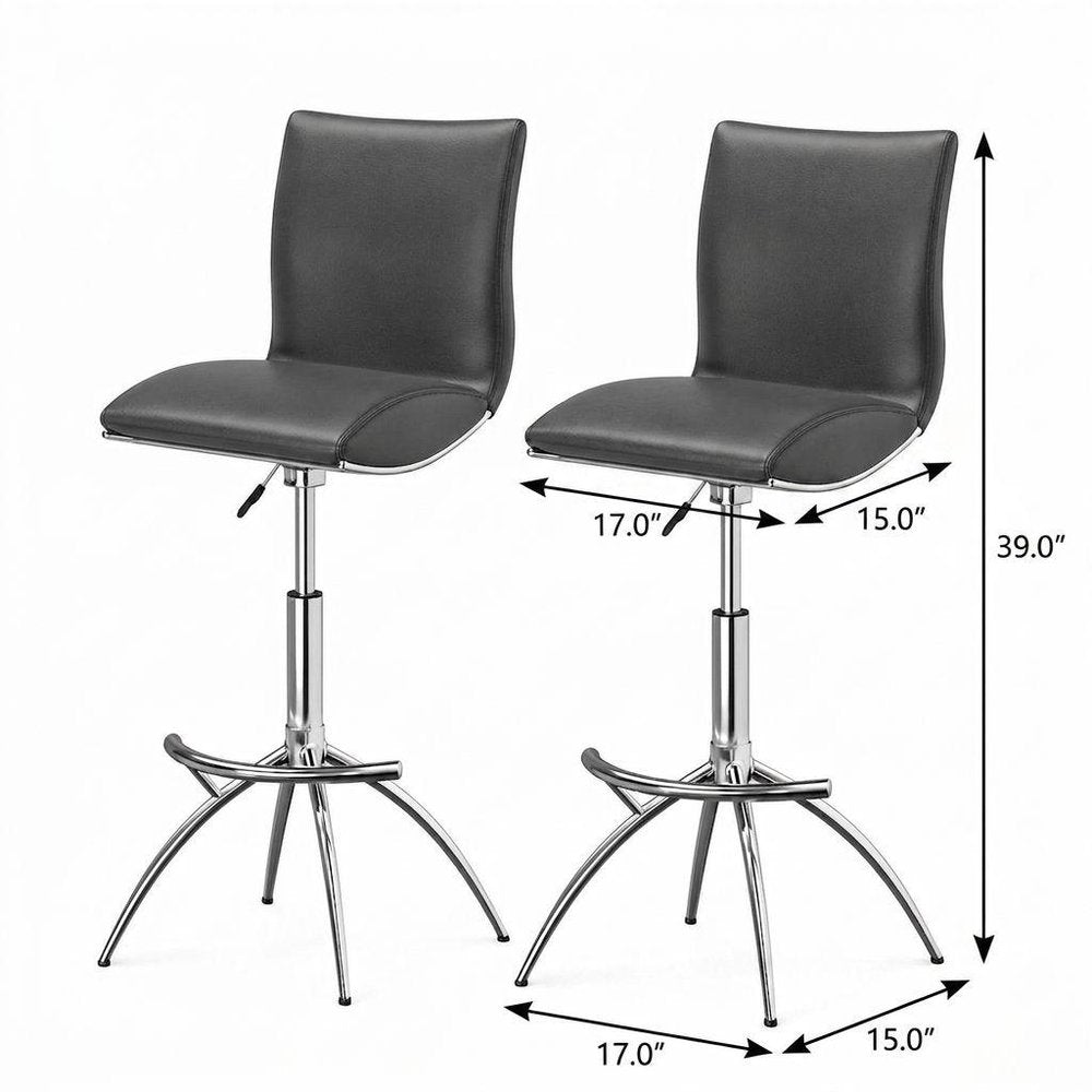 Set of Two Brown And Silver Faux Leather And Metal Low Back Adjustable Height Swivel Bar Chairs on a white background