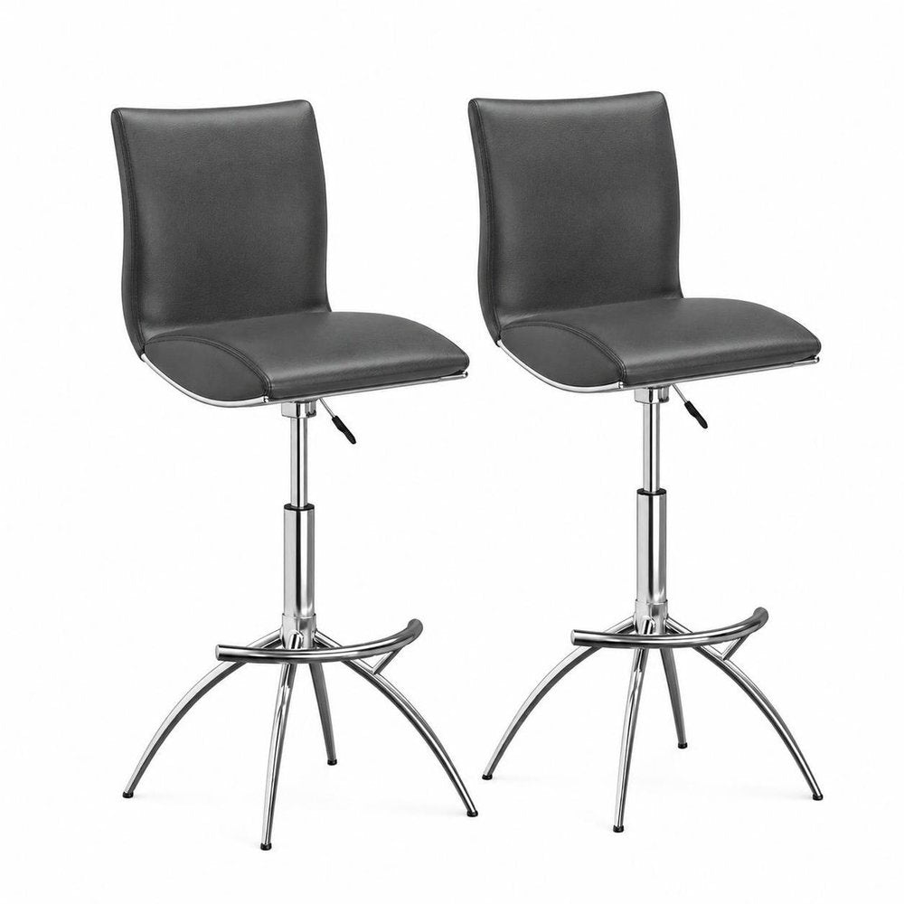Set of Two Brown And Silver Faux Leather And Metal Low Back Adjustable Height Swivel Bar Chairs on a white background