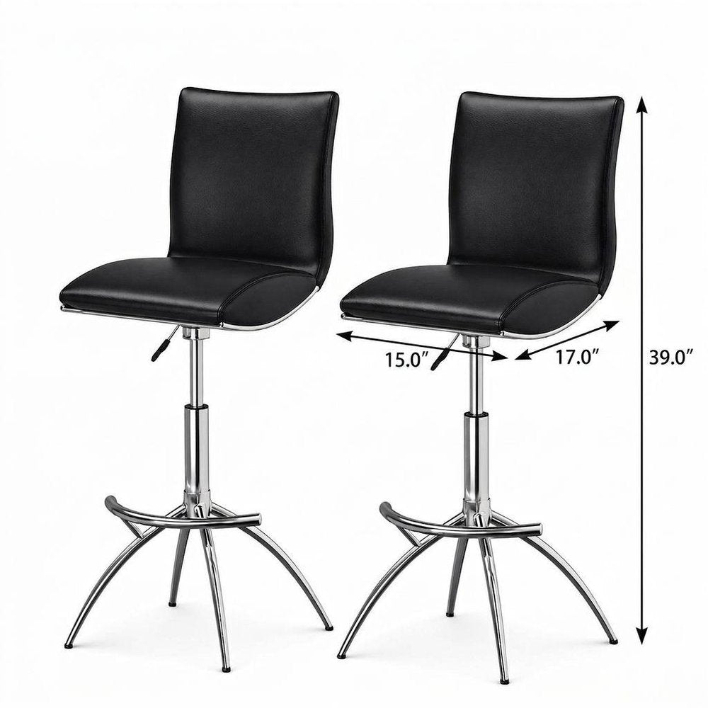 Set of Two Brown and Silver Metal and Faux Leather Low Back Adjustable Height Bar Chairs