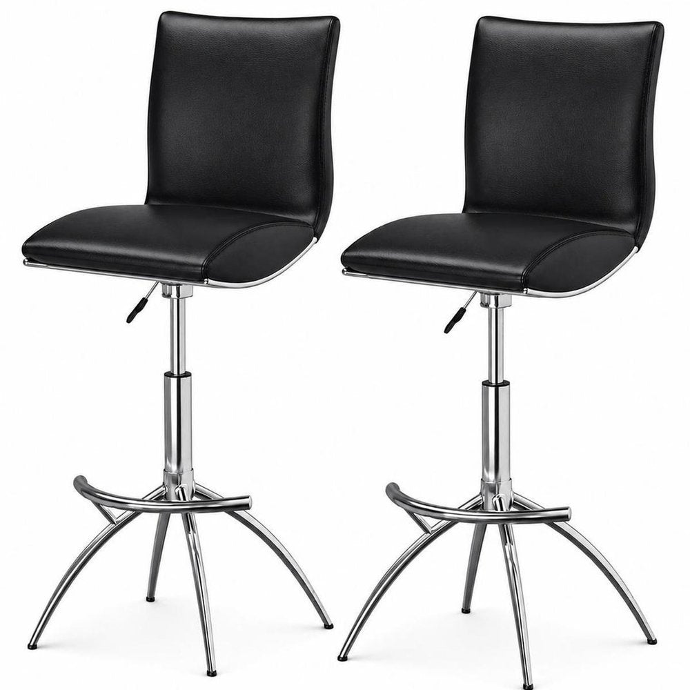 Set of Two Brown and Silver Metal and Faux Leather Low Back Adjustable Height Bar Chairs