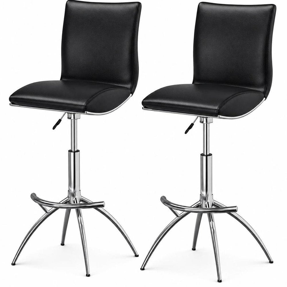 Set of Two Brown and Silver Metal and Faux Leather Low Back Adjustable Height Bar Chairs