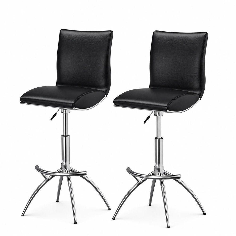 Set of Two Brown and Silver Metal and Faux Leather Low Back Adjustable Height Bar Chairs
