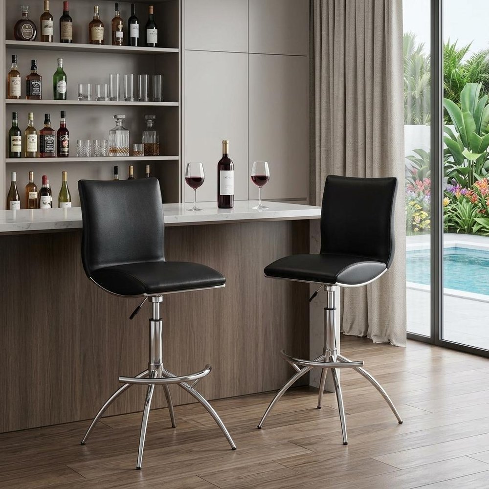 Set of Two Brown And Silver Faux Leather And Metal Low Back Adjustable Height Swivel Bar Chairs in a home interior