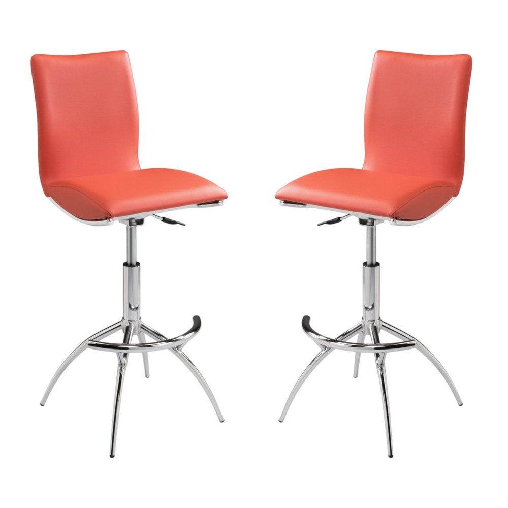 Set of Two Brown and Silver Metal and Faux Leather Low Back Adjustable Height Bar Chairs