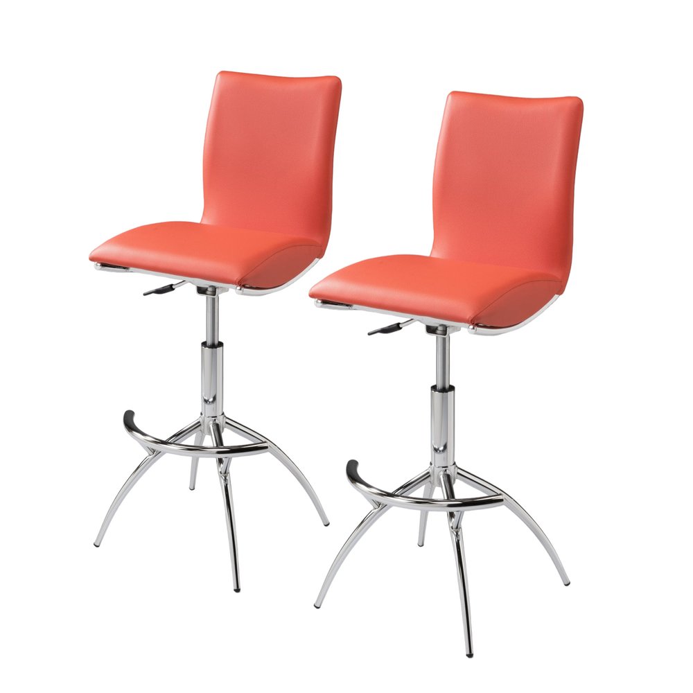 Set of Two Brown and Silver Metal and Faux Leather Low Back Adjustable Height Bar Chairs