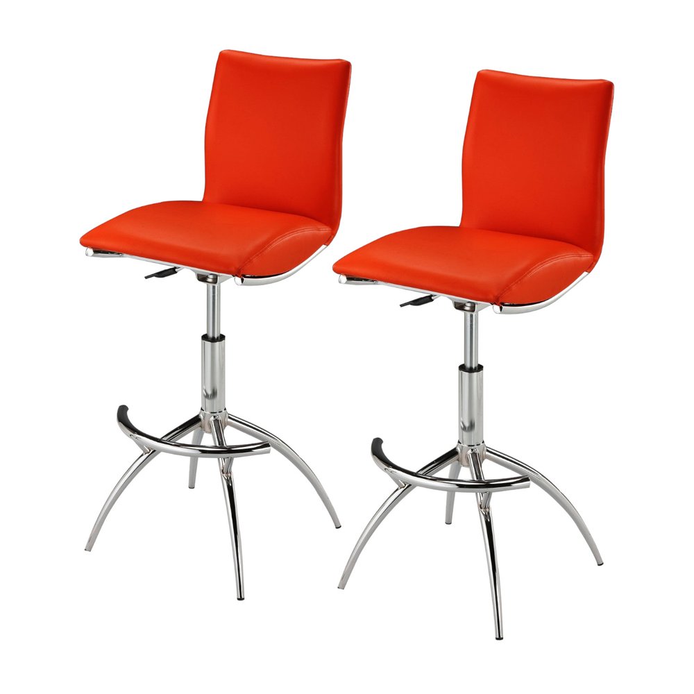 Set of Two Brown and Silver Metal and Faux Leather Low Back Adjustable Height Bar Chairs