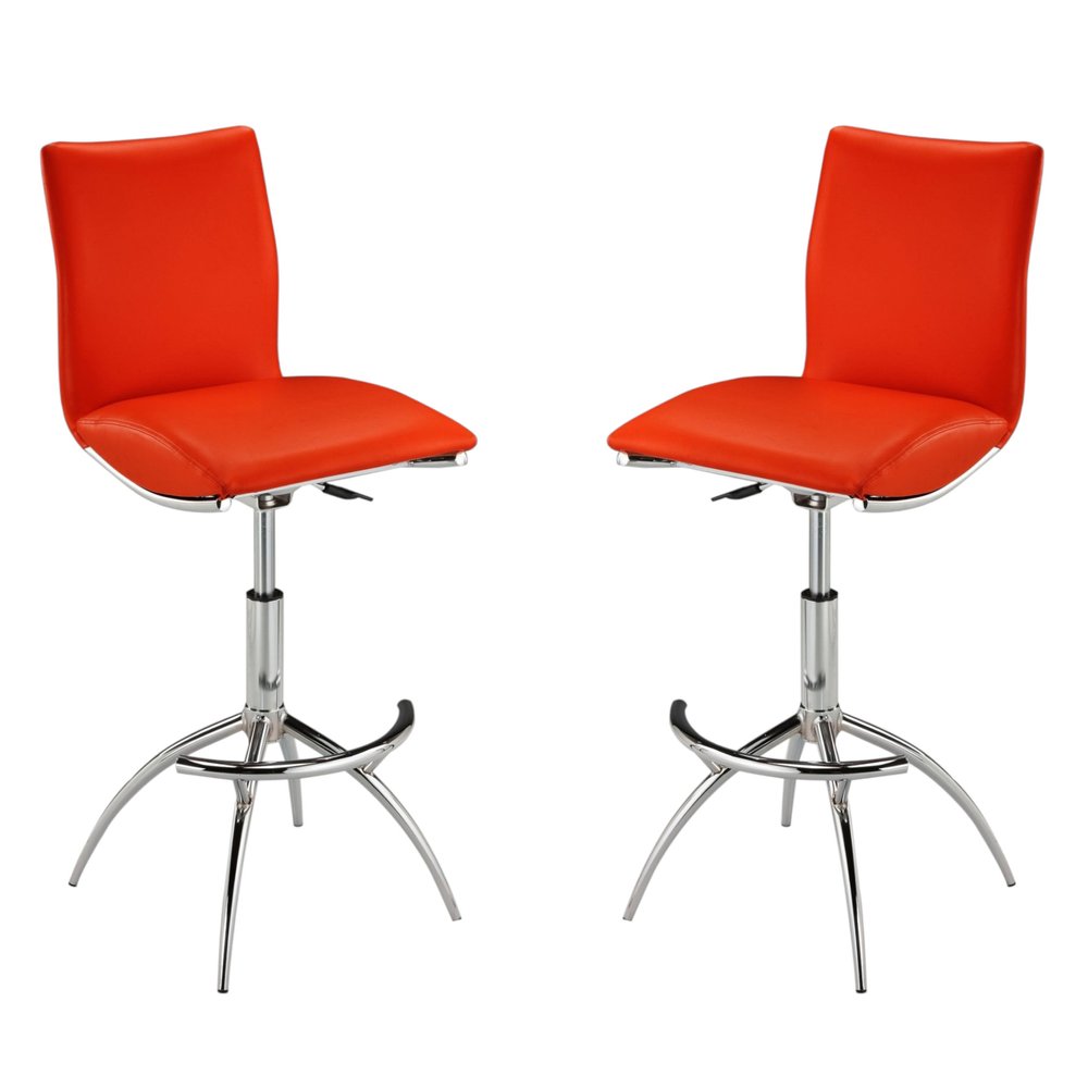 Set of Two Brown and Silver Metal and Faux Leather Low Back Adjustable Height Bar Chairs