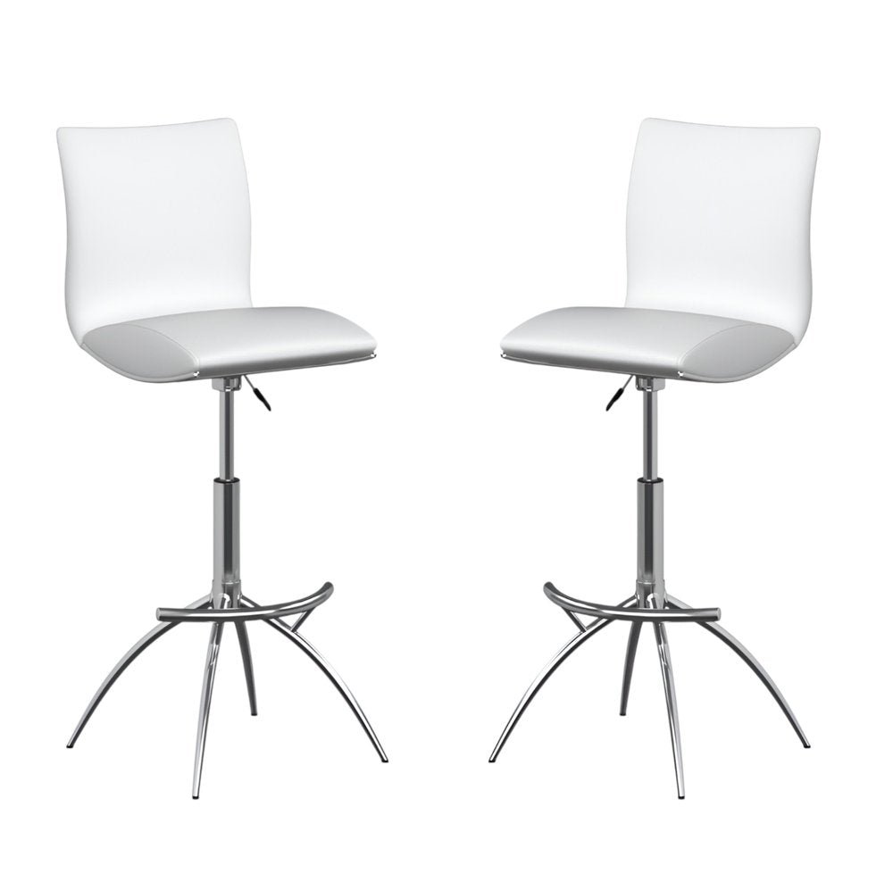Set of Two Brown and Silver Metal and Faux Leather Low Back Adjustable Height Bar Chairs