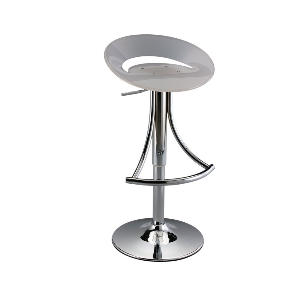 White And Silver Acrylic And Metal Low Back Adjustable Height Bar Chair on a white background