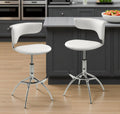 Set of Two White and Silver Metal and Faux Leather Low Back Adjustable Height Bar Chairs