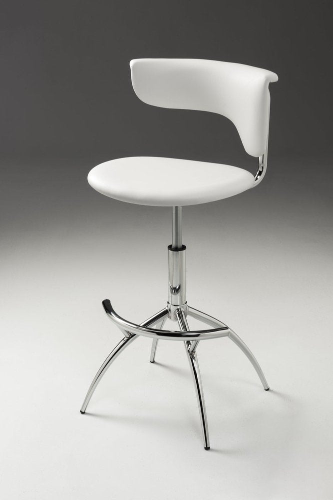 White faux leather and silver metal adjustable height bar stool with a low back and three-legged base on a grey background.