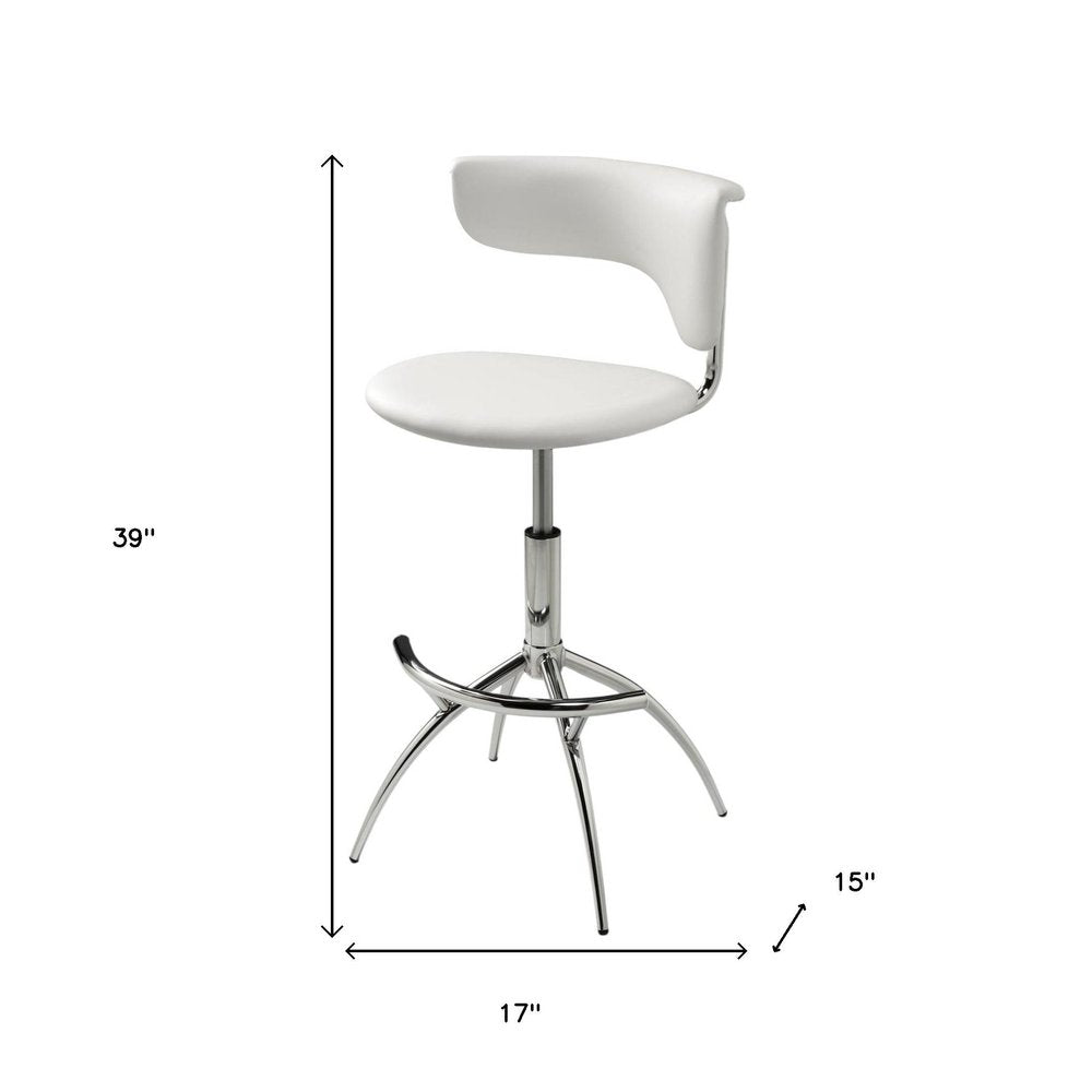 Set of Two White and Silver Metal and Faux Leather Low Back Adjustable Height Bar Chairs - 39" H x 15" W x 17" D