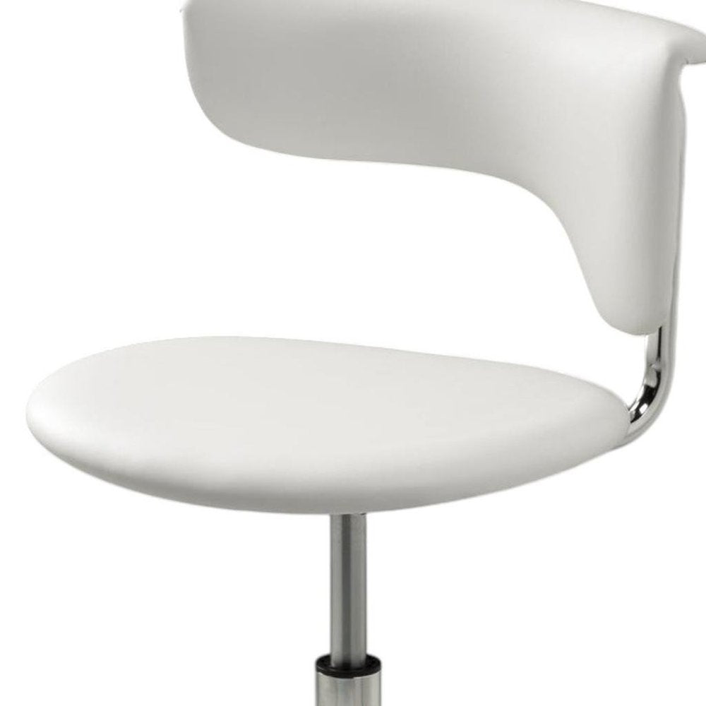 Set of Two White And Silver Faux Leather And Metal Low Back Adjustable Height Bar Chairs on a white background