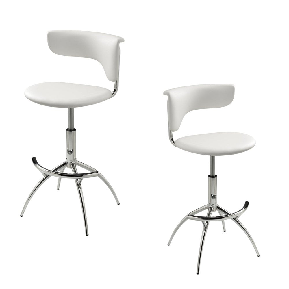 Set of Two White and Silver Metal and Faux Leather Low Back Adjustable Height Bar Chairs - 39" H x 15" W x 17" D