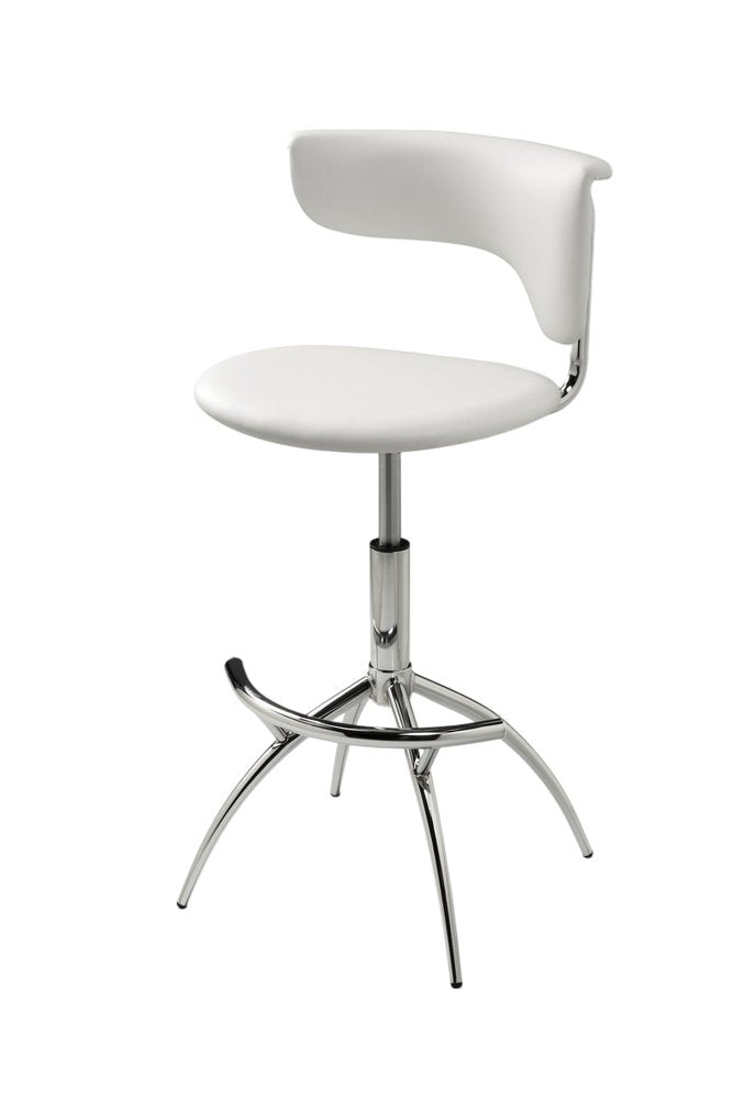 Set of Two White and Silver Metal and Faux Leather Low Back Adjustable Height Bar Chairs - 39" H x 15" W x 17" D