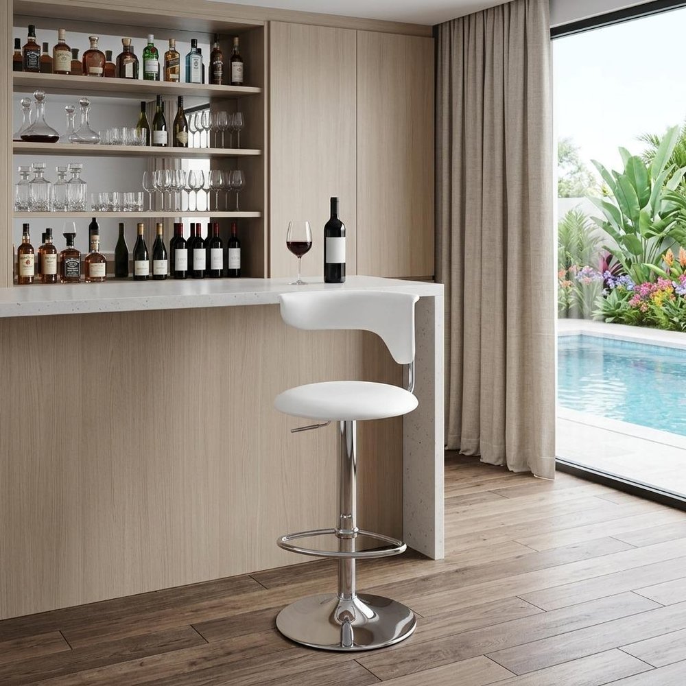 White and Silver Faux Leather and Metal Low Back Adjustable Height Bar Chair