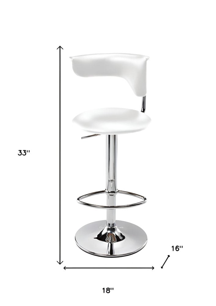 White And Silver Faux Leather And Metal Low Back Adjustable Height Bar Chair on a white background