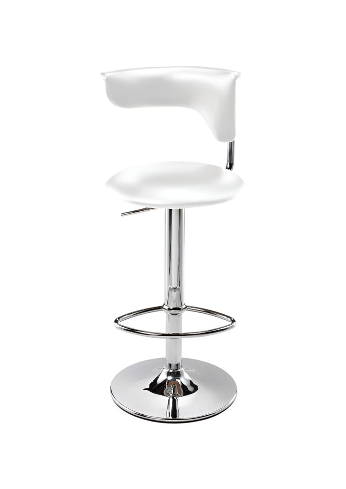 White And Silver Faux Leather And Metal Low Back Adjustable Height Bar Chair on a white background