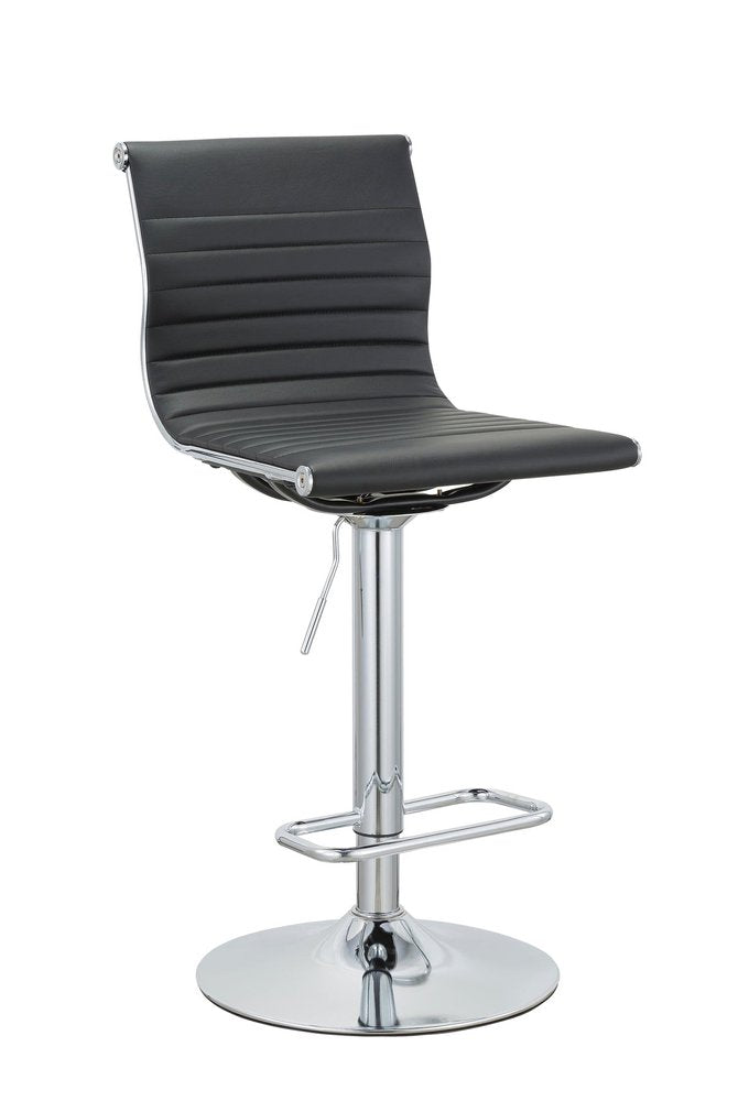 Set of Two Black And Silver Faux Leather And Metal Low Back Adjustable Height Bar Chairs on a white background