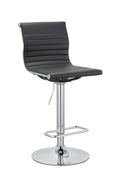 Set of Two Black And Silver Faux Leather And Metal Low Back Adjustable Height Bar Chairs on a white background