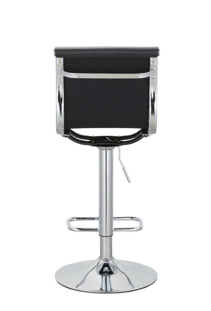 Set of Two Black And Silver Faux Leather And Metal Low Back Adjustable Height Bar Chairs on a white background