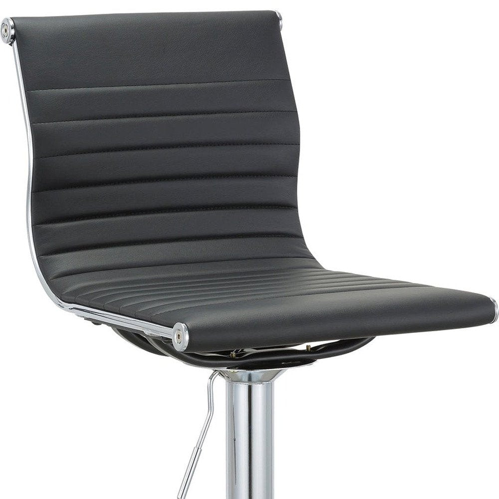 Set of Two Black And Silver Faux Leather And Metal Low Back Adjustable Height Bar Chairs on a white background