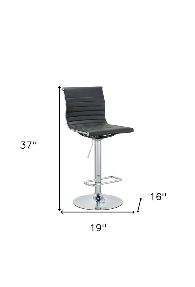 Set of Two Black And Silver Faux Leather And Metal Low Back Adjustable Height Bar Chairs on a white background