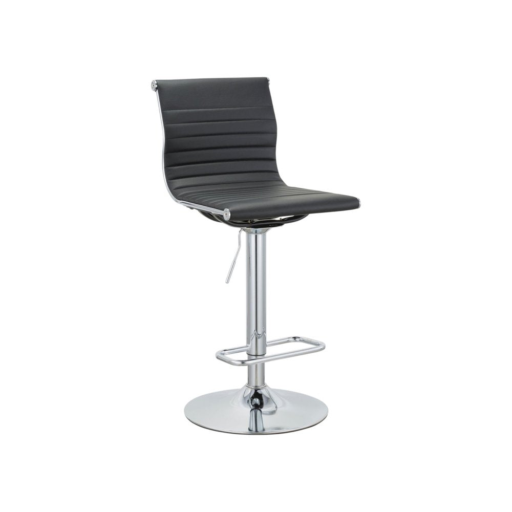 Set of Two Black And Silver Faux Leather And Metal Low Back Adjustable Height Bar Chairs on a white background
