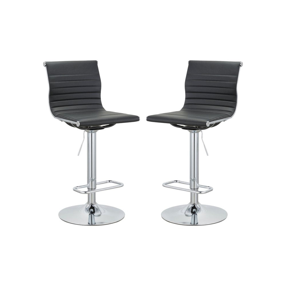 Set of Two Black And Silver Faux Leather And Metal Low Back Adjustable Height Bar Chairs on a white background