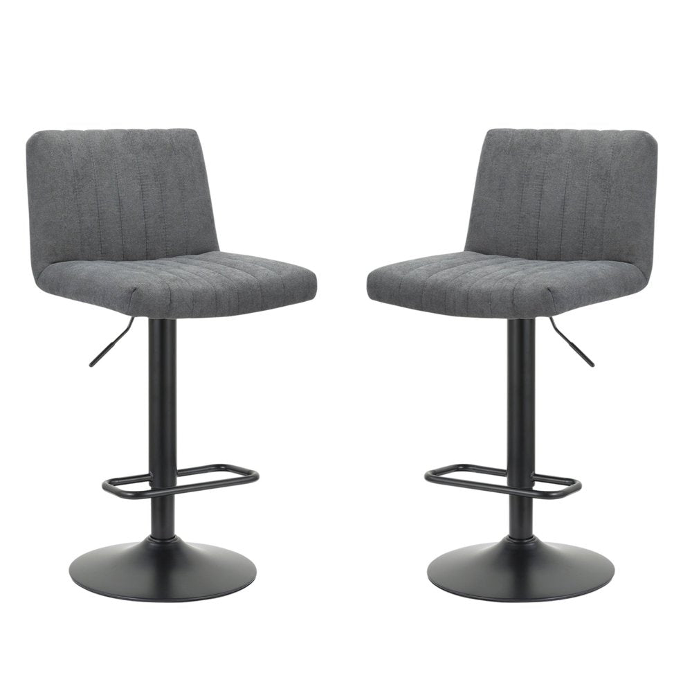 Set of Two Gray And Black Fabric And Metal Low Back Adjustable Height Bar Chairs on a white background