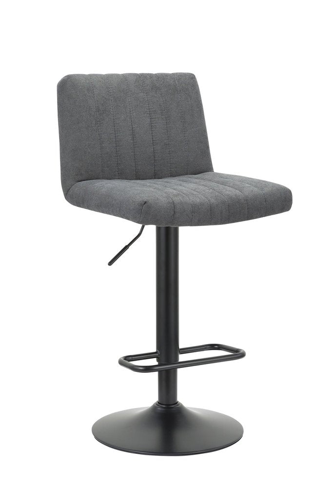 Gray fabric low back adjustable height bar chair with black metal base and footrest on a white background.