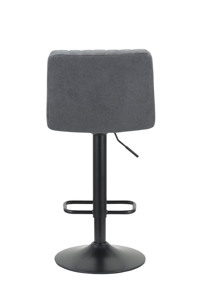 Set of Two Gray And Black Fabric And Metal Low Back Adjustable Height Bar Chairs on a white background